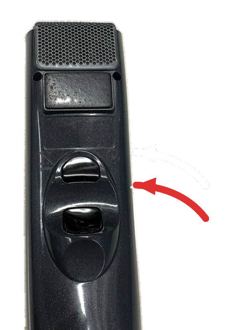 Front view of a PowerMic cutout with a red arrow pointing at the Field Complete button.