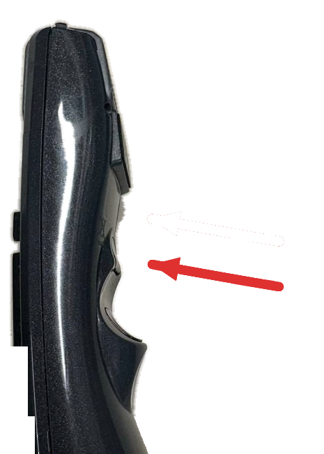Side view of a PowerMic cutout with a red arrow pointing at the Field Complete button.